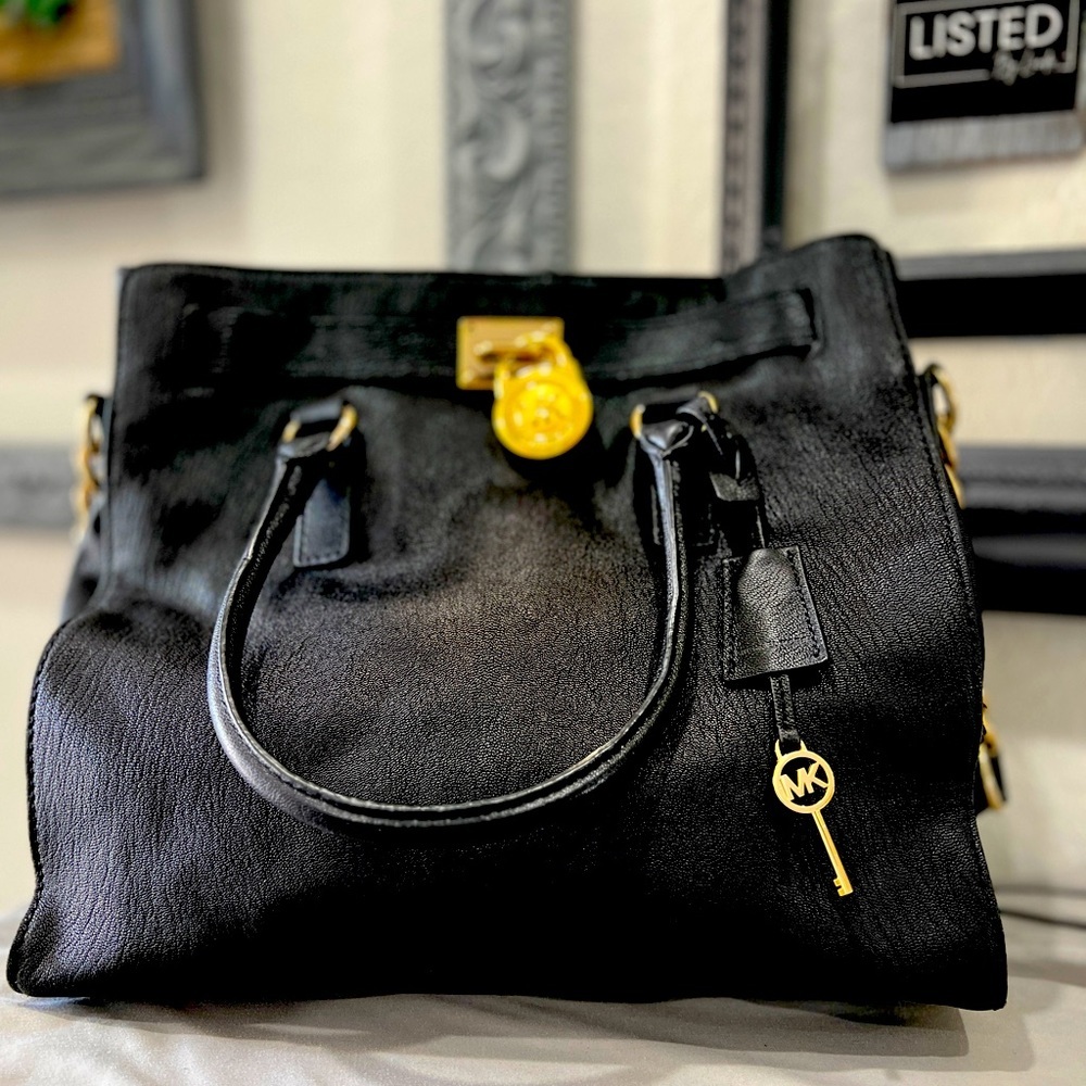 Michael Kors Large Hamilton Tote - Black Leather w/Gold Accents